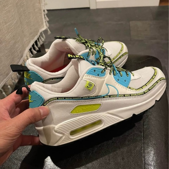 Nike Kids Air Max 90 SE White Blue Neon Green Sneakers - Picture 6 of 11